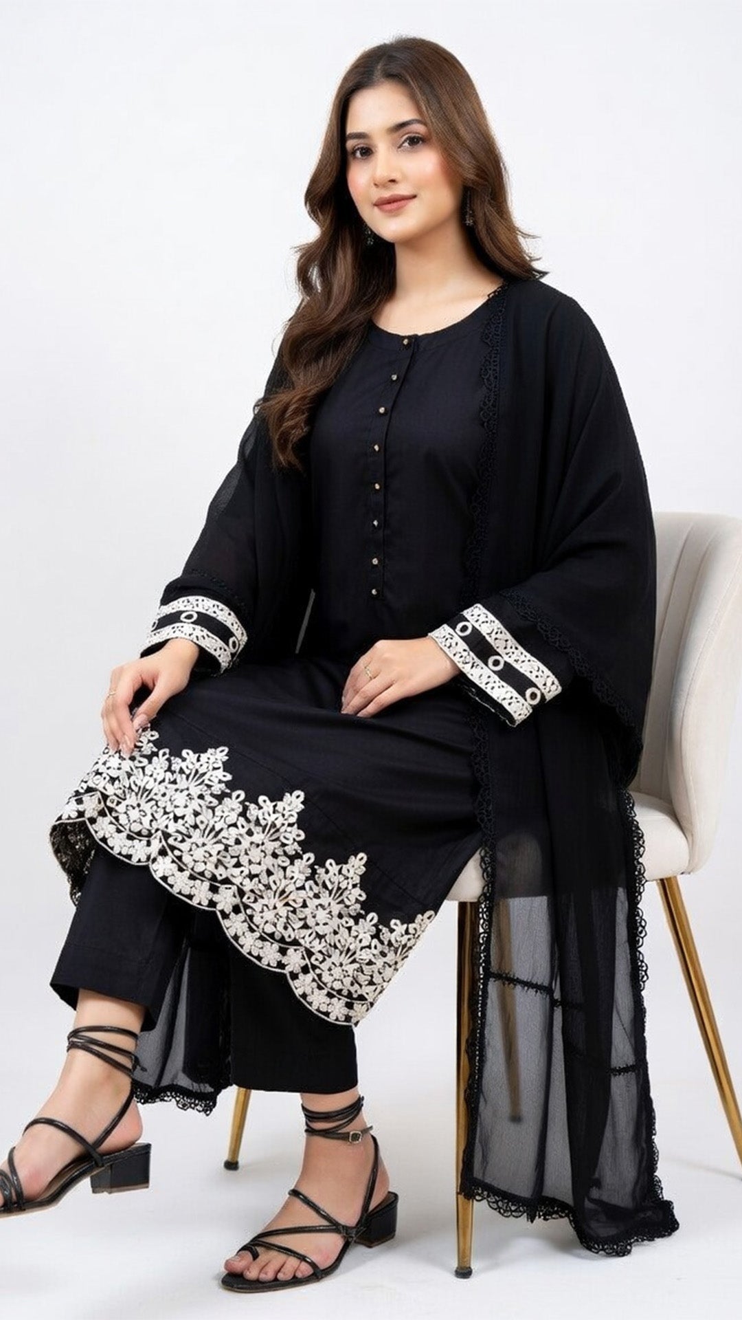 3-Piece Black Cotton Suit with Embroidered Detailing