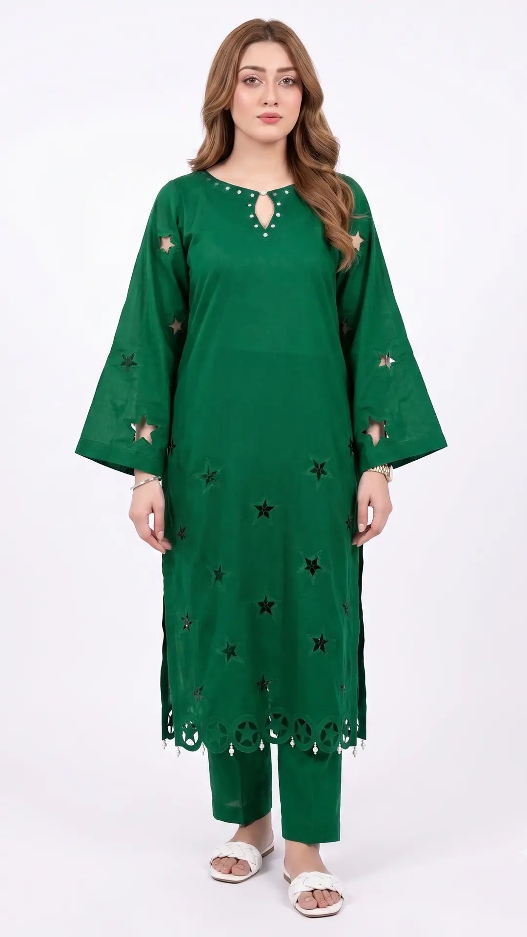 2-Piece Green Lawn Suit with Star Cutwork & Pearl Embellishments