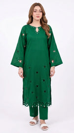 2-Piece Green Lawn Suit with Star Cutwork & Pearl Embellishments