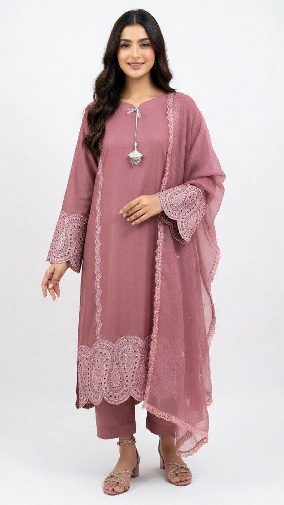 3-Piece Dusty Rose Embroidered Festive Suit