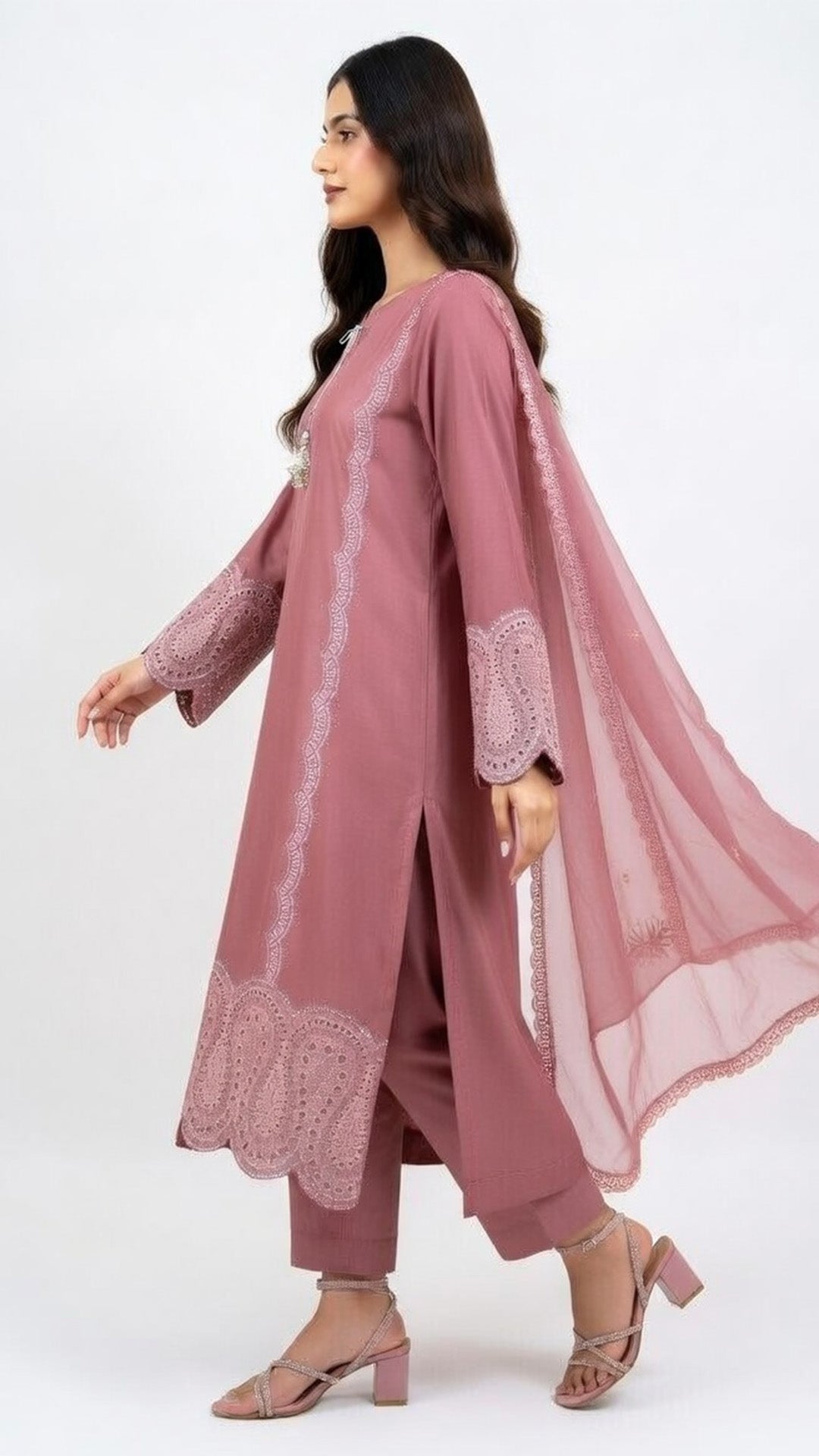 3-Piece Dusty Rose Embroidered Festive Suit