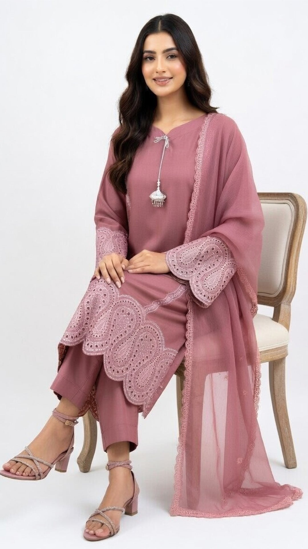 3-Piece Dusty Rose Embroidered Festive Suit