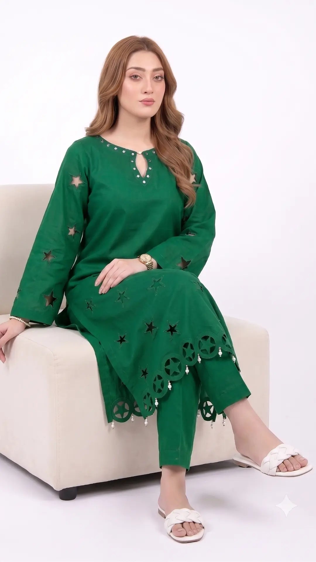 2-Piece Green Lawn Suit with Star Cutwork & Pearl Embellishments