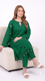 2-Piece Green Lawn Suit with Star Cutwork & Pearl Embellishments
