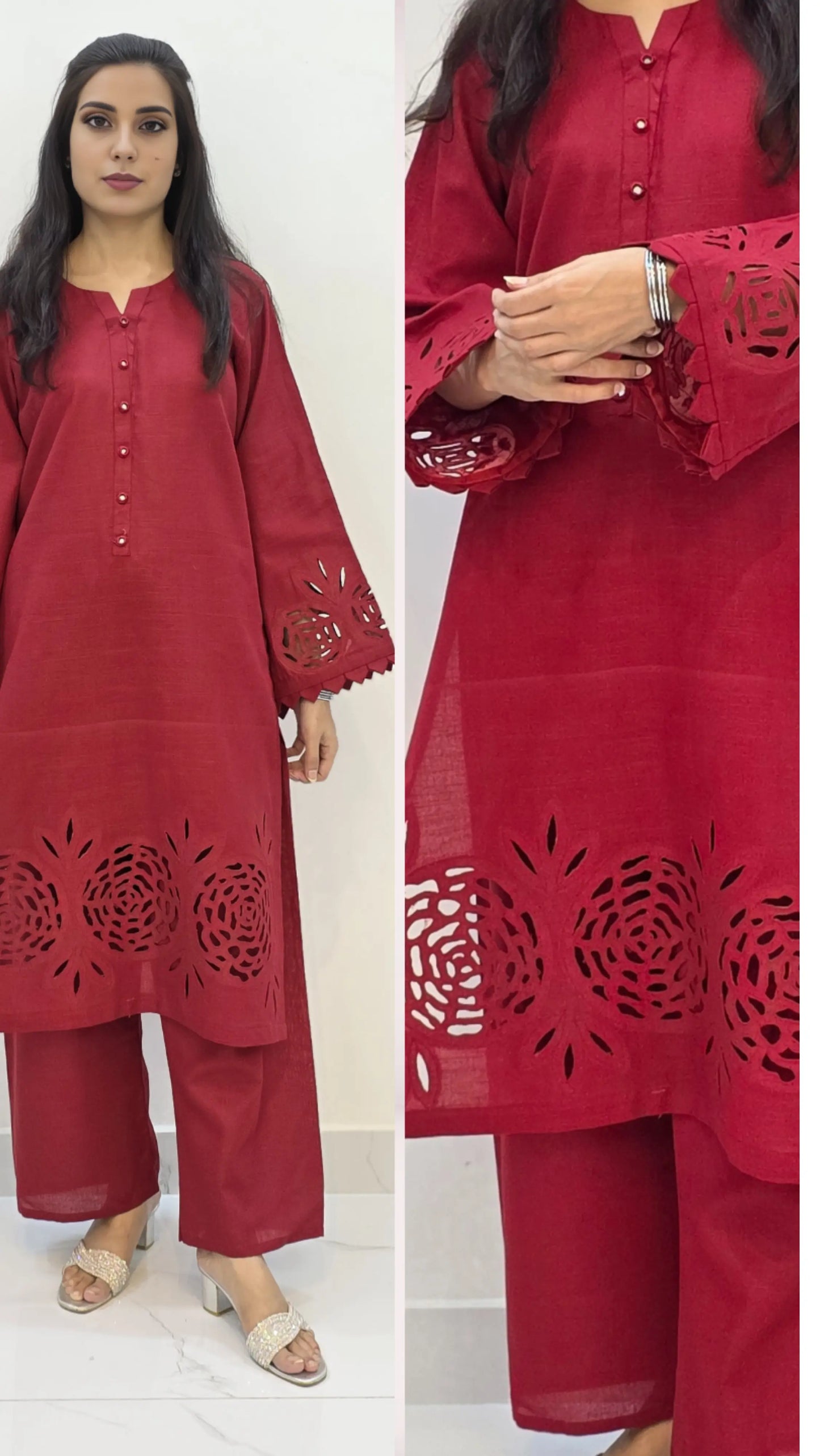 2-Piece Khaddar Suit with Button Neckline & Handmade Cutwork Daman