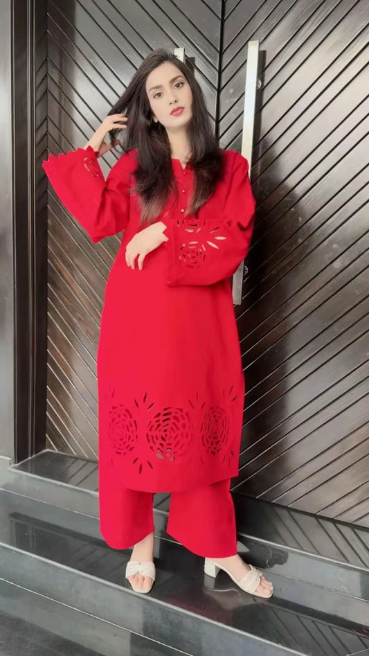 2-Piece Khaddar Suit with Button Neckline & Handmade Cutwork Daman