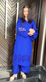 2-Piece Khaddar Suit with Button Neckline & Handmade Cutwork Daman-Rust
