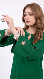 2-Piece Green Lawn Suit with Star Cutwork & Pearl Embellishments