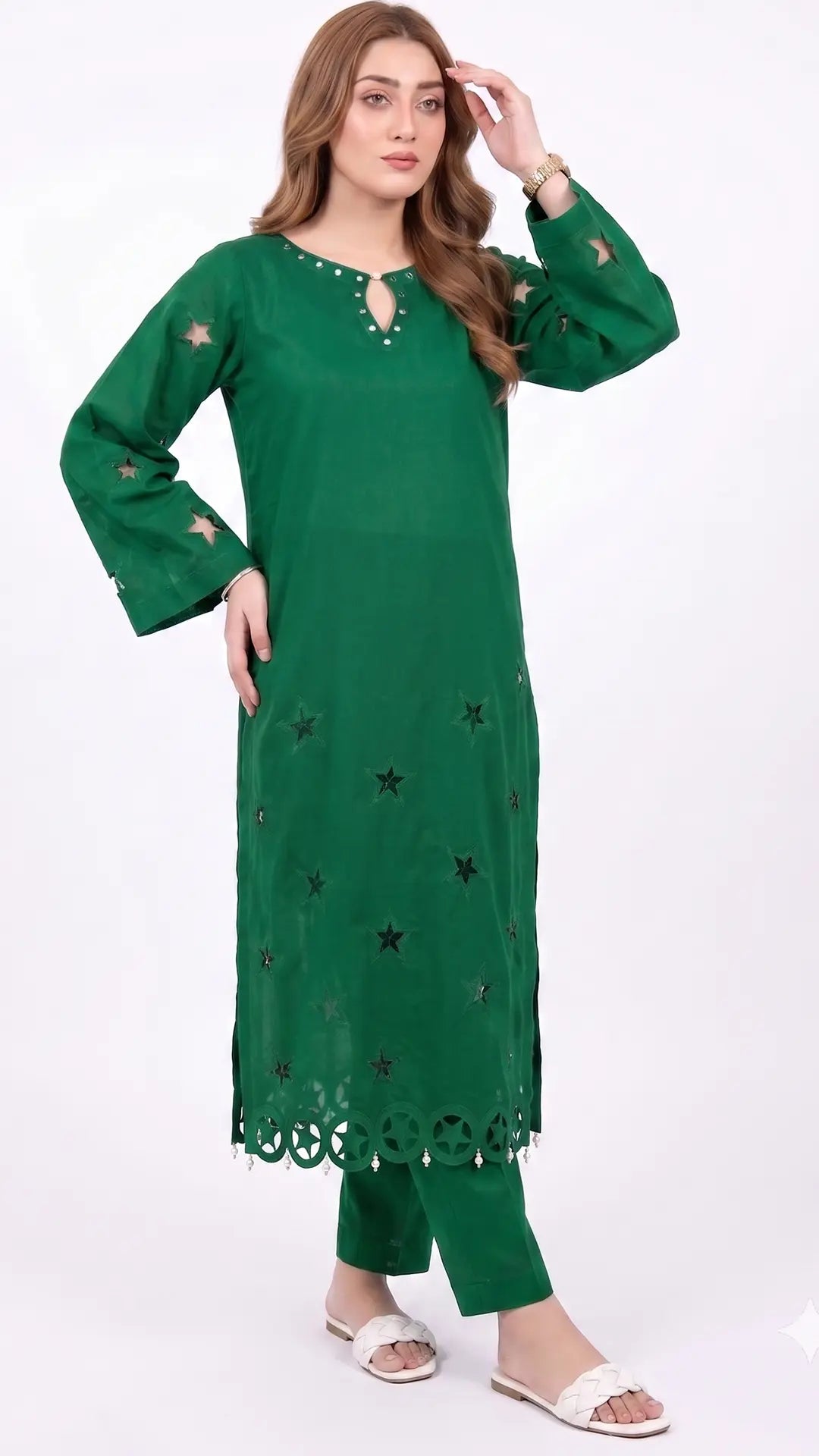 2-Piece Green Lawn Suit with Star Cutwork & Pearl Embellishments