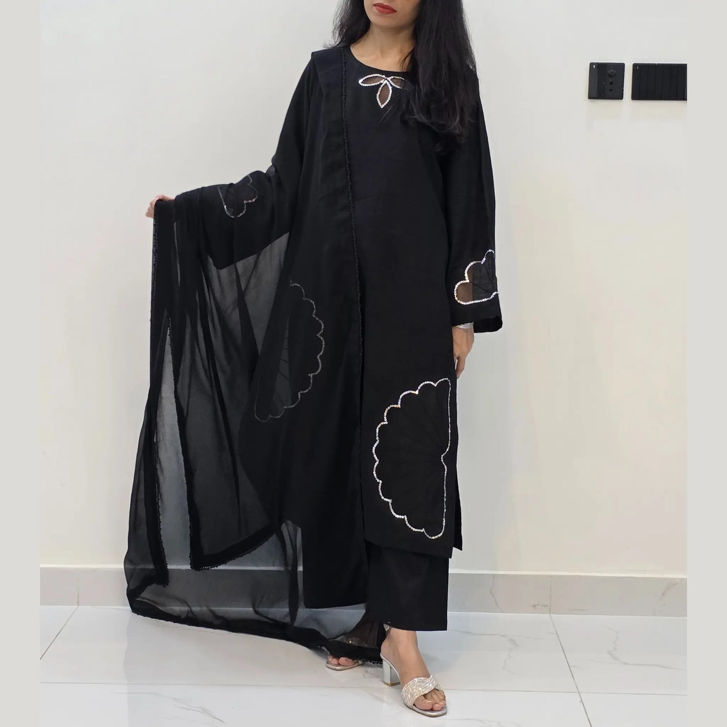 3-Piece Khaddar Suit with Handmade Floral Cutwork