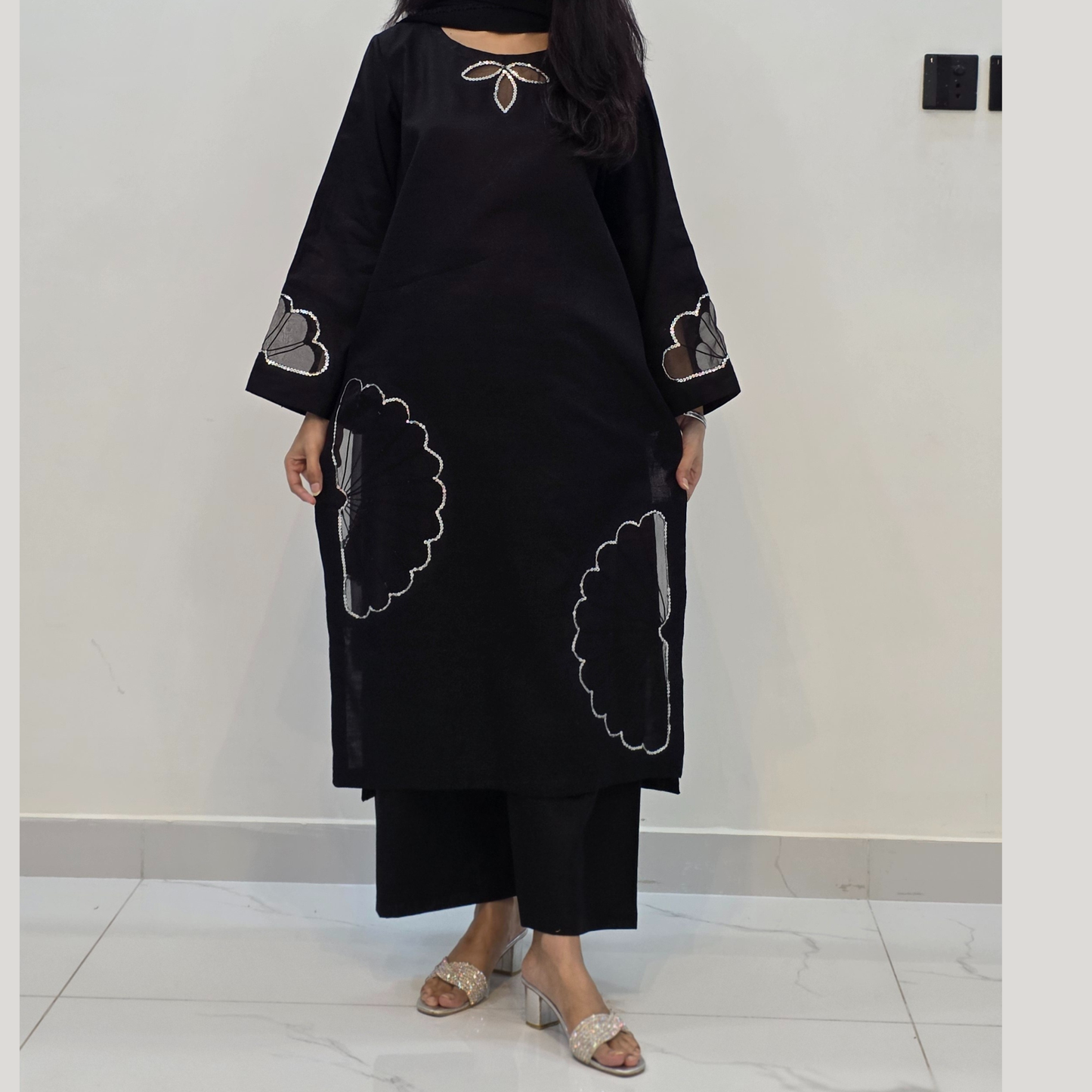 3-Piece Khaddar Suit with Handmade Floral Cutwork