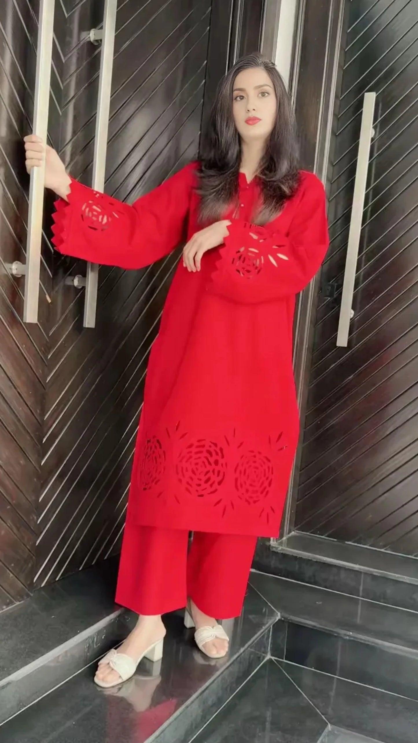 2-Piece Khaddar Suit with Button Neckline & Handmade Cutwork Daman-Rust