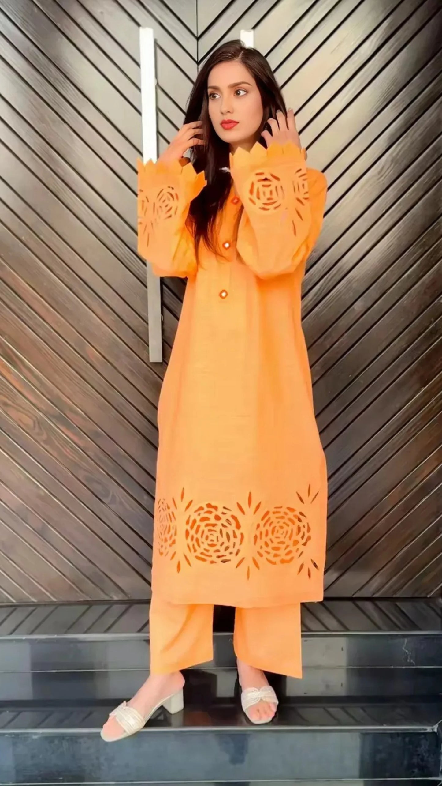 2-Piece Khaddar Suit with Button Neckline & Handmade Cutwork Daman