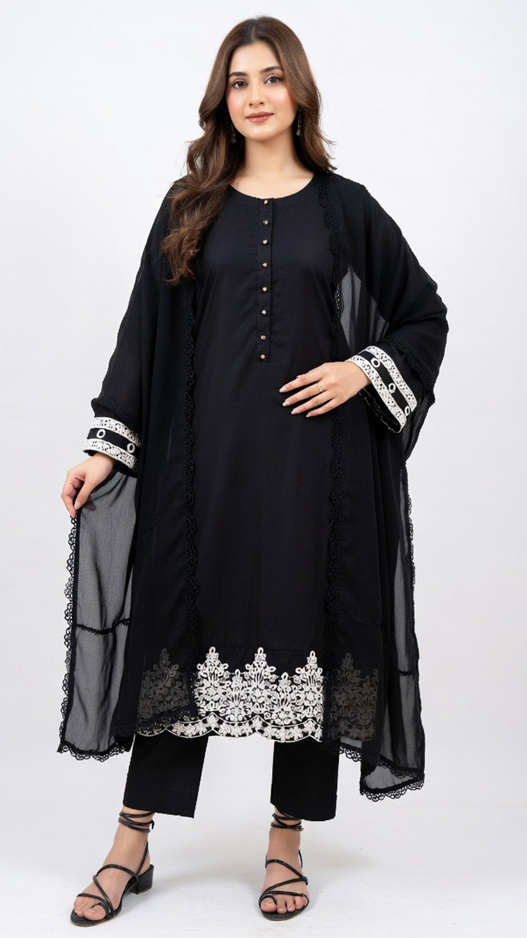 3-Piece Black Cotton Suit with Embroidered Detailing