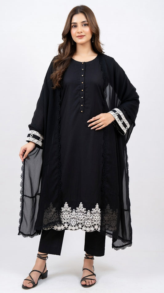 3-Piece Black Cotton Suit with Embroidered Detailing