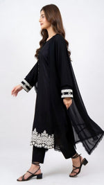 3-Piece Black Cotton Suit with Embroidered Detailing