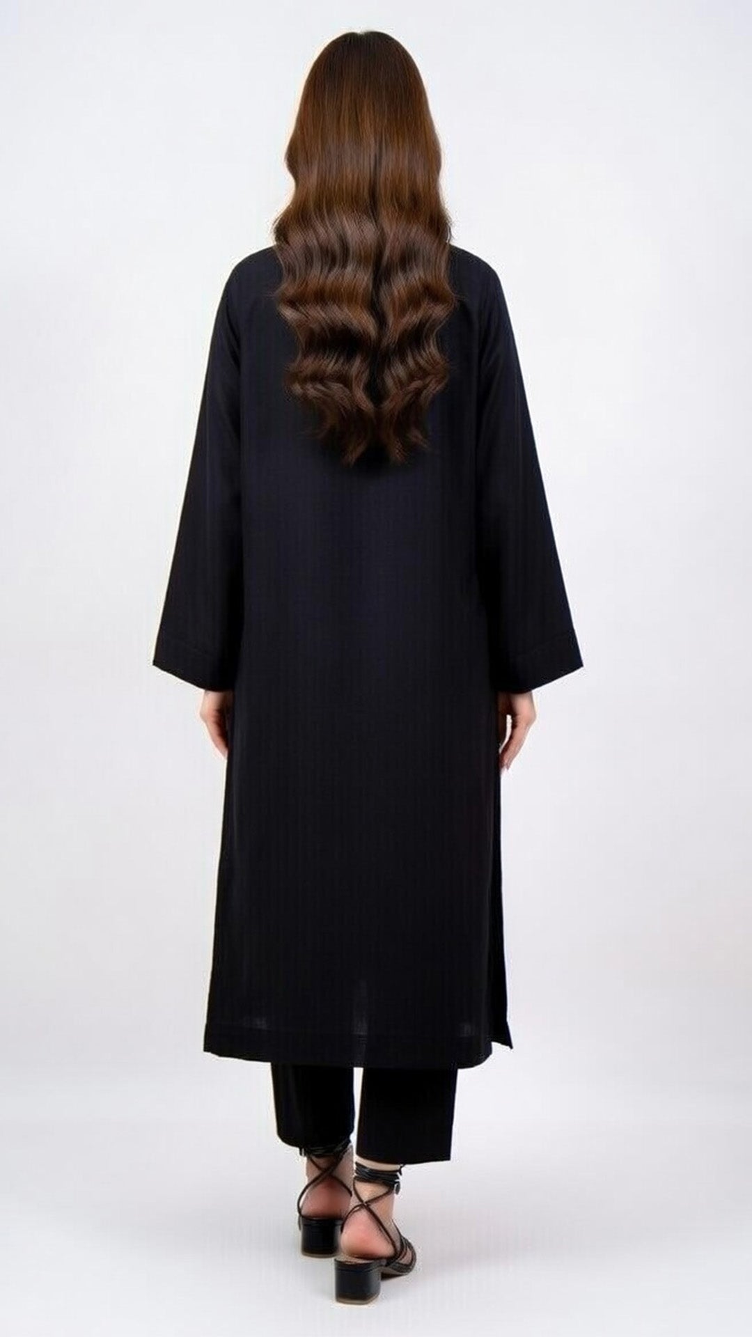 3-Piece Black Cotton Suit with Embroidered Detailing