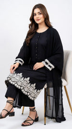 3-Piece Black Cotton Suit with Embroidered Detailing