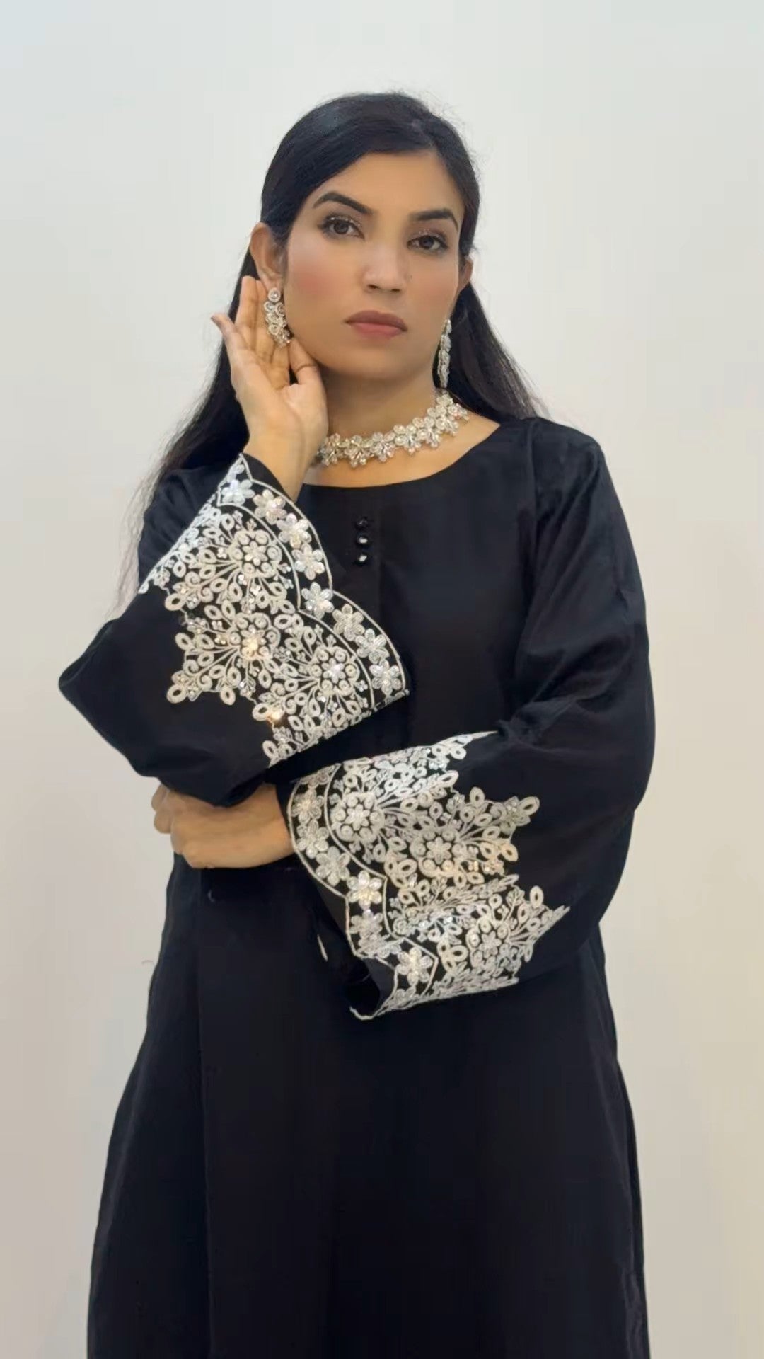 3-Piece Black Cotton Suit with Embroidered Detailing