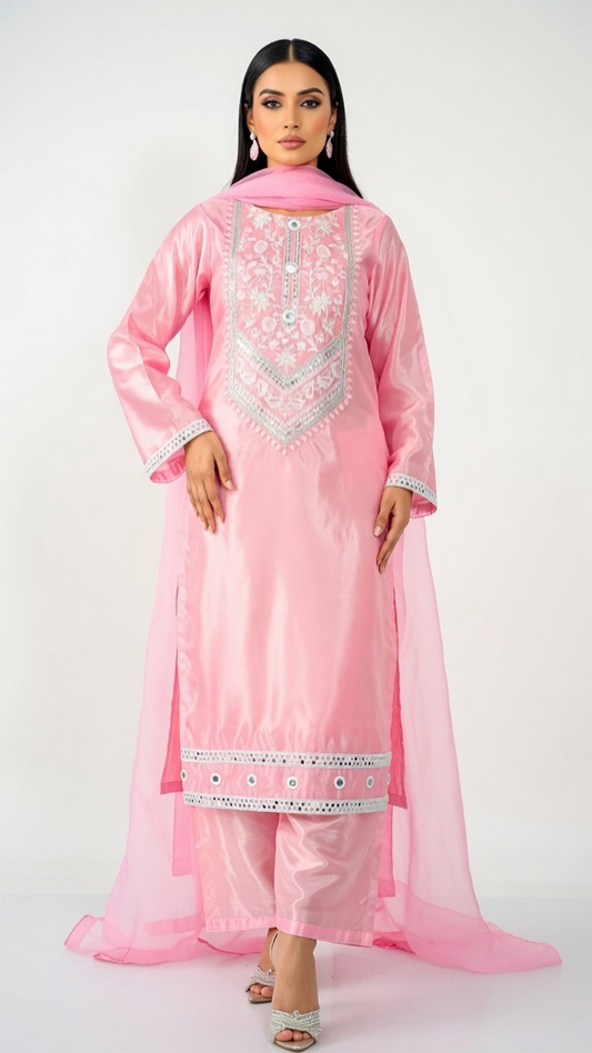 3-Piece Silk Suit with Embroidered Neckline