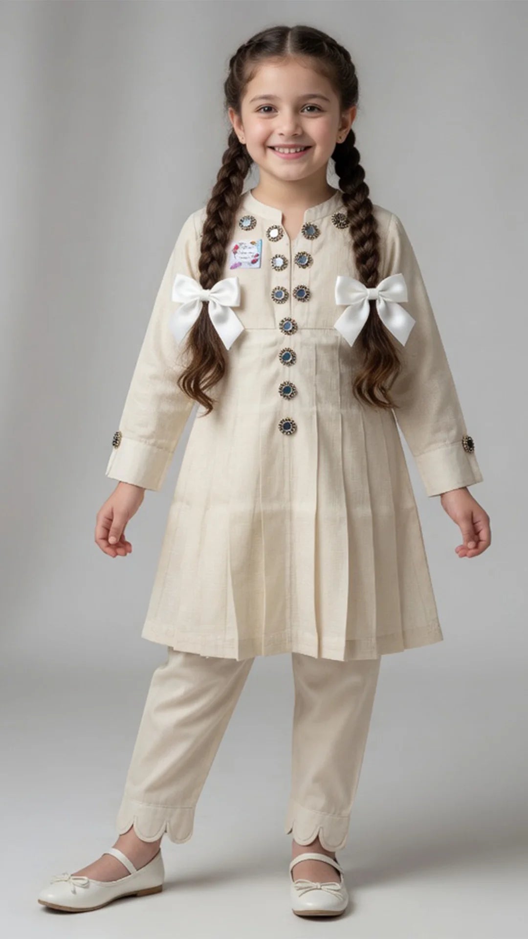 Elegant Beige Girls Pleated Frock with Trouser