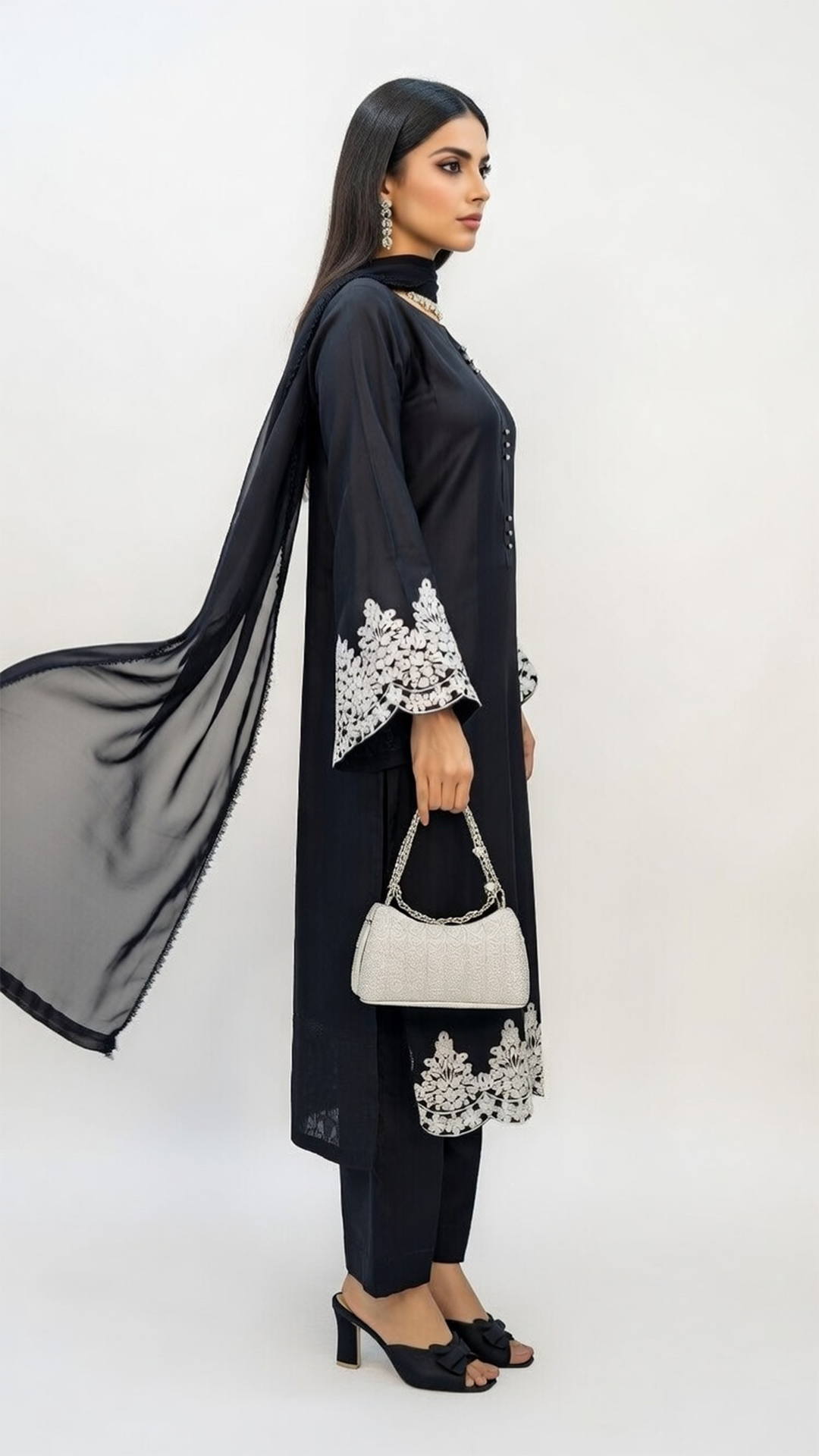 3-Piece Black Cotton Suit with Embroidered Detailing