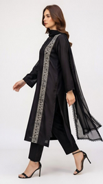 3-Piece Black Cotton Suit with Embroidered Panels