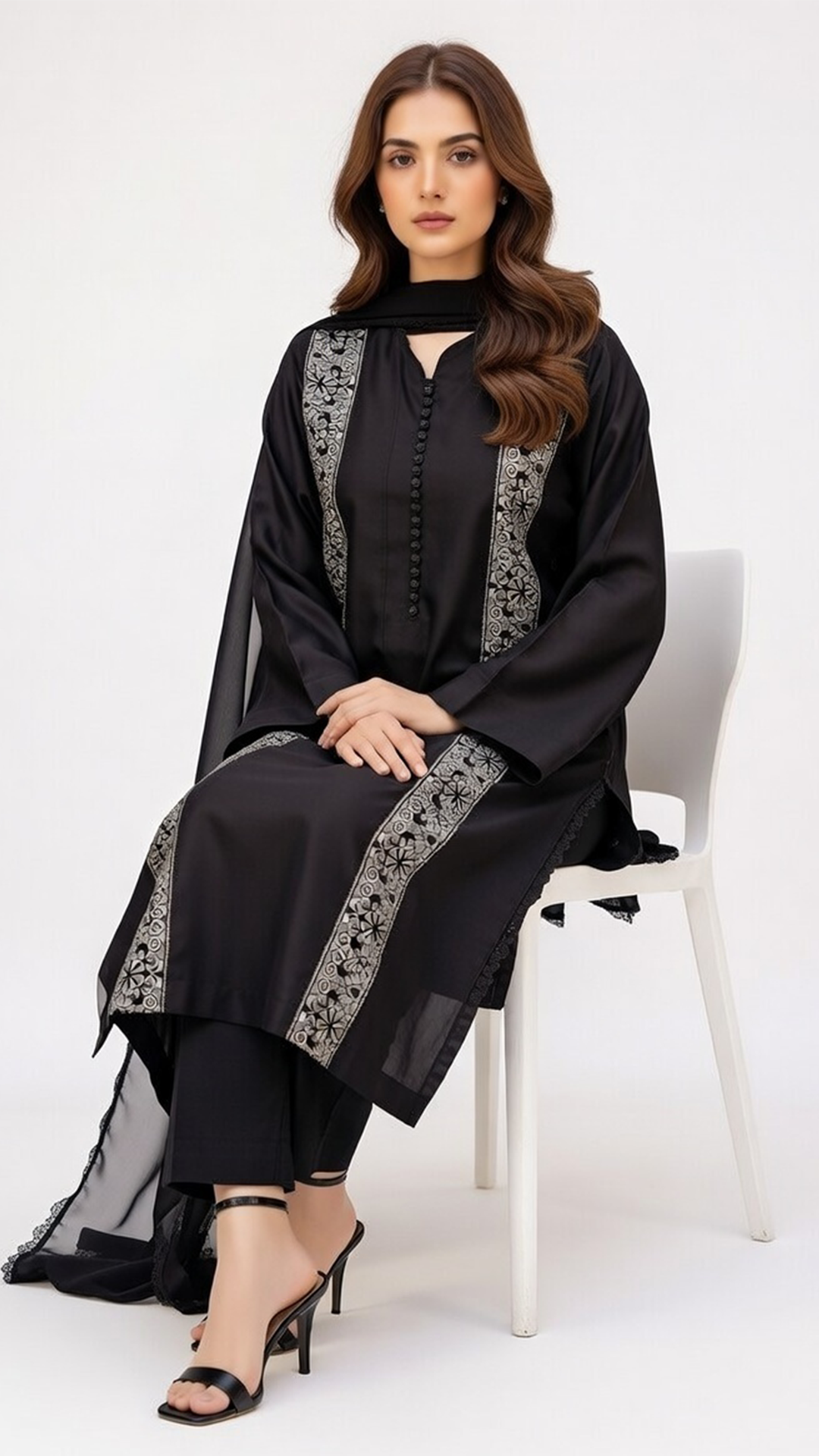 3-Piece Black Cotton Suit with Embroidered Panels