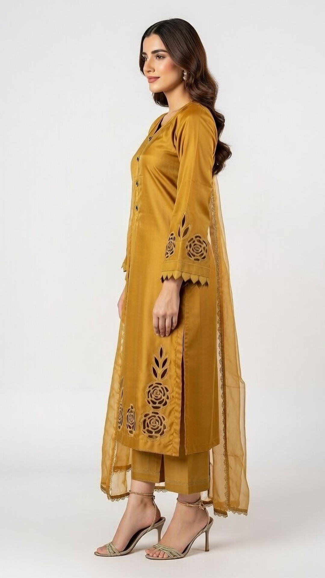3- Piece Luxury Silk Suit with Handmade Cutwork Detail