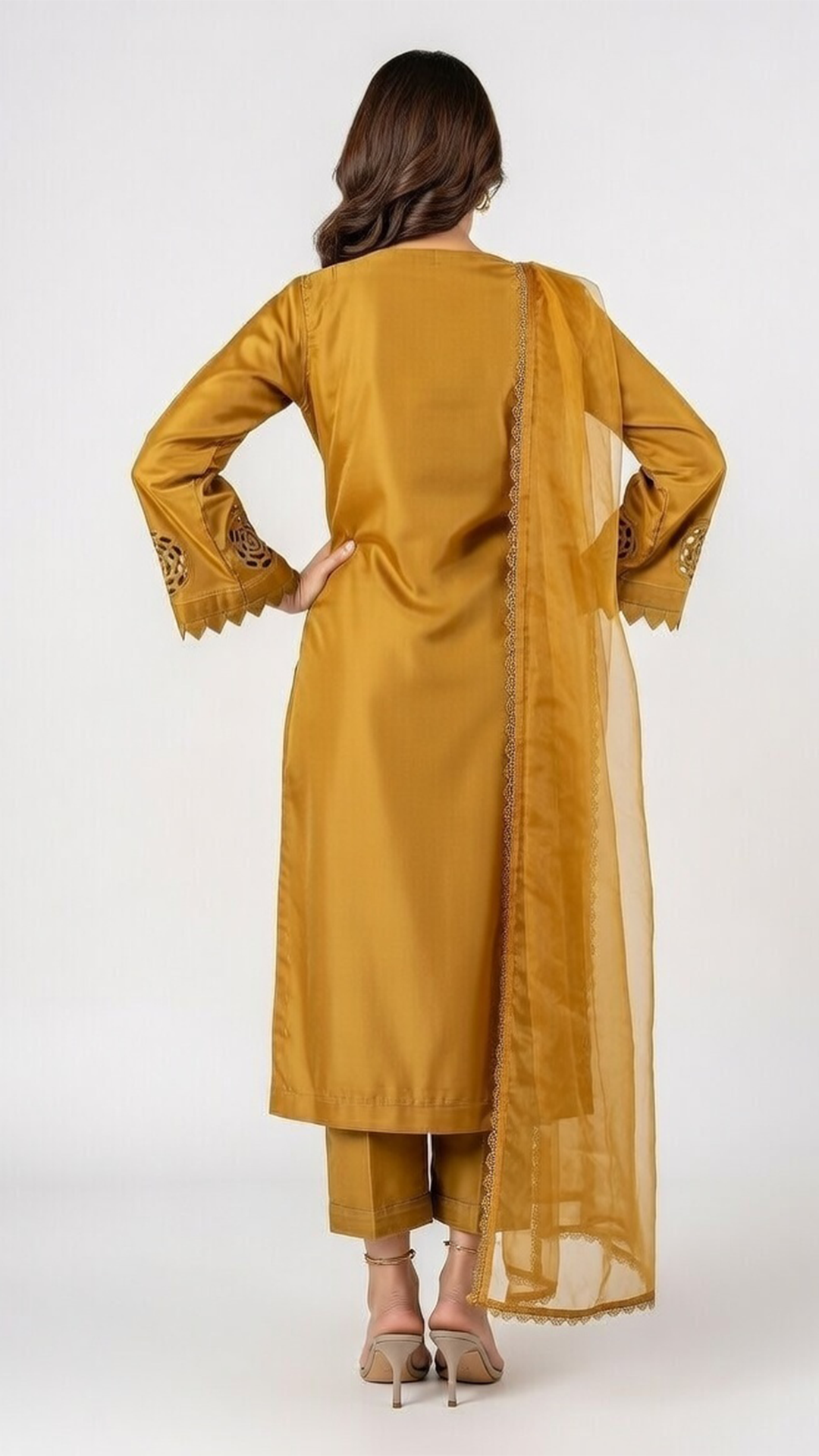 3- Piece Luxury Silk Suit with Handmade Cutwork Detail