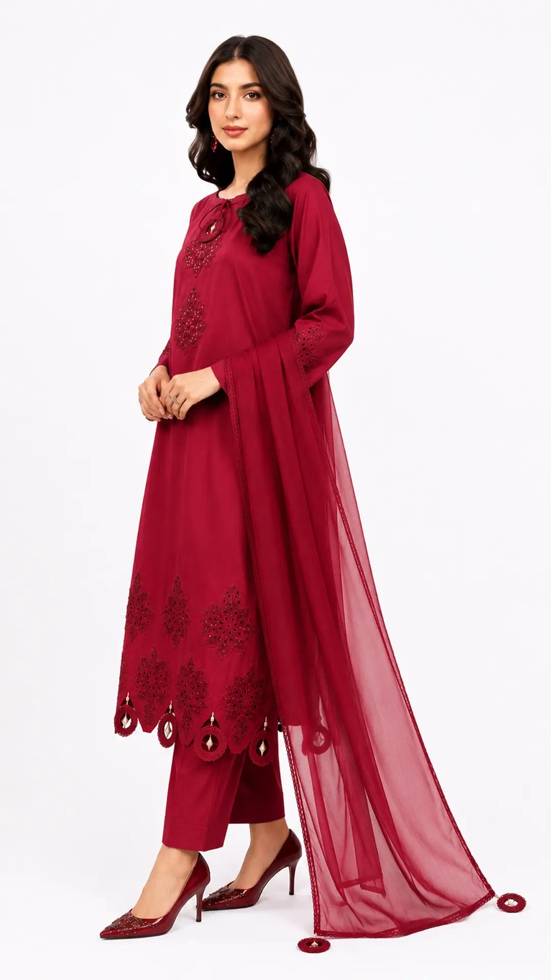 3-Piece Radish Maroon Embroidered Dress with Tassel Detailing on Daman