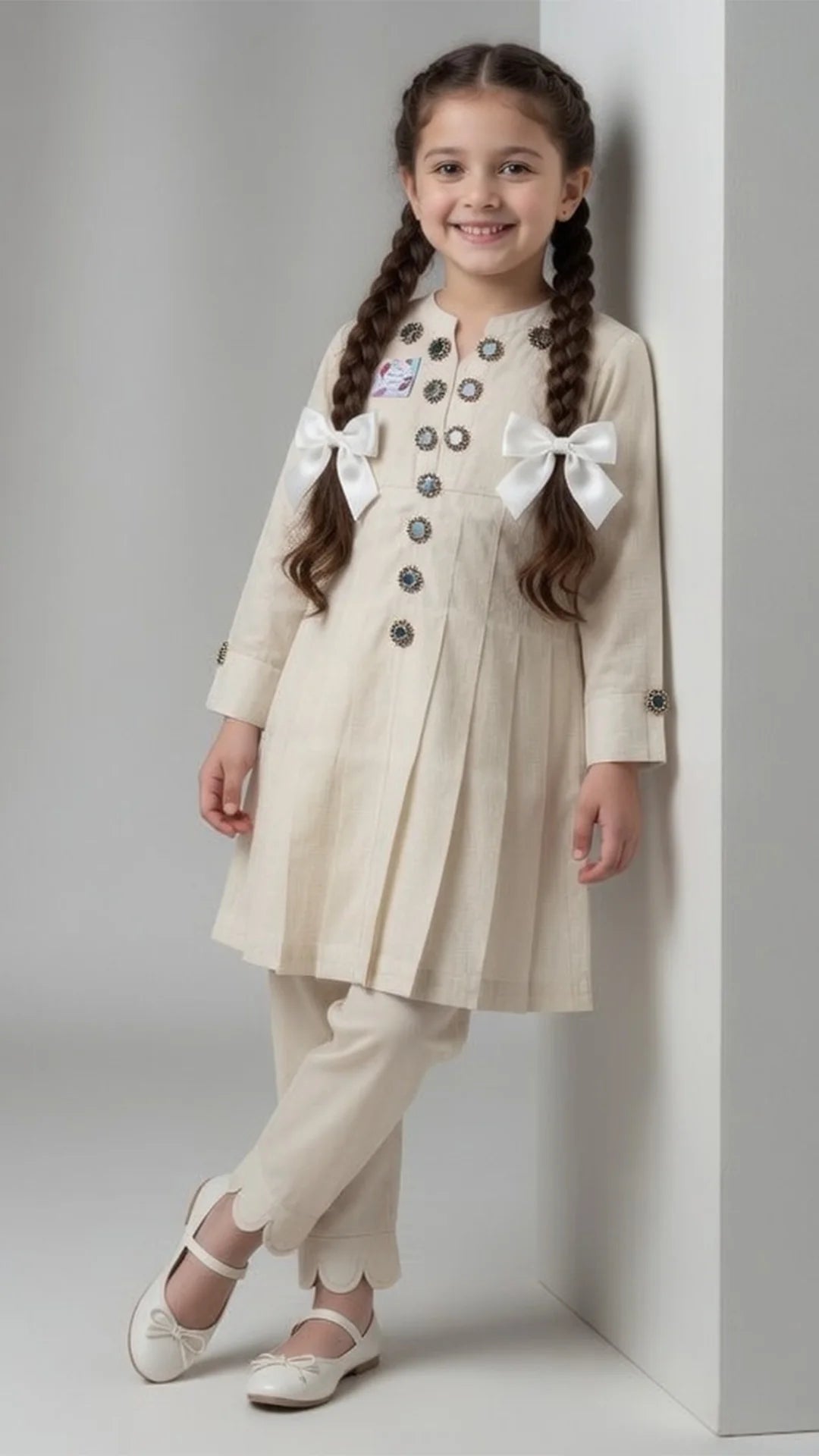 Elegant Beige Girls Pleated Frock with Trouser
