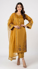 3- Piece Luxury Silk Suit with Handmade Cutwork Detail