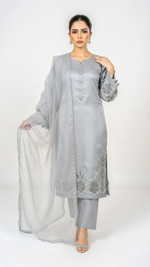 3- Piece Luxury Silk Suit with Handmade Cutwork Detail