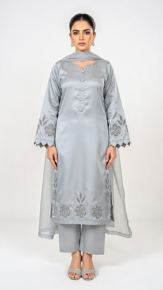 3- Piece Luxury Silk Suit with Handmade Cutwork Detail