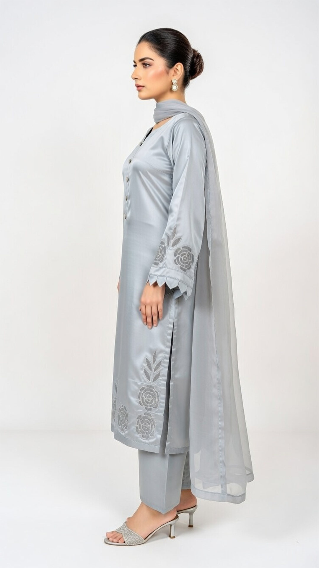 3- Piece Luxury Silk Suit with Handmade Cutwork Detail