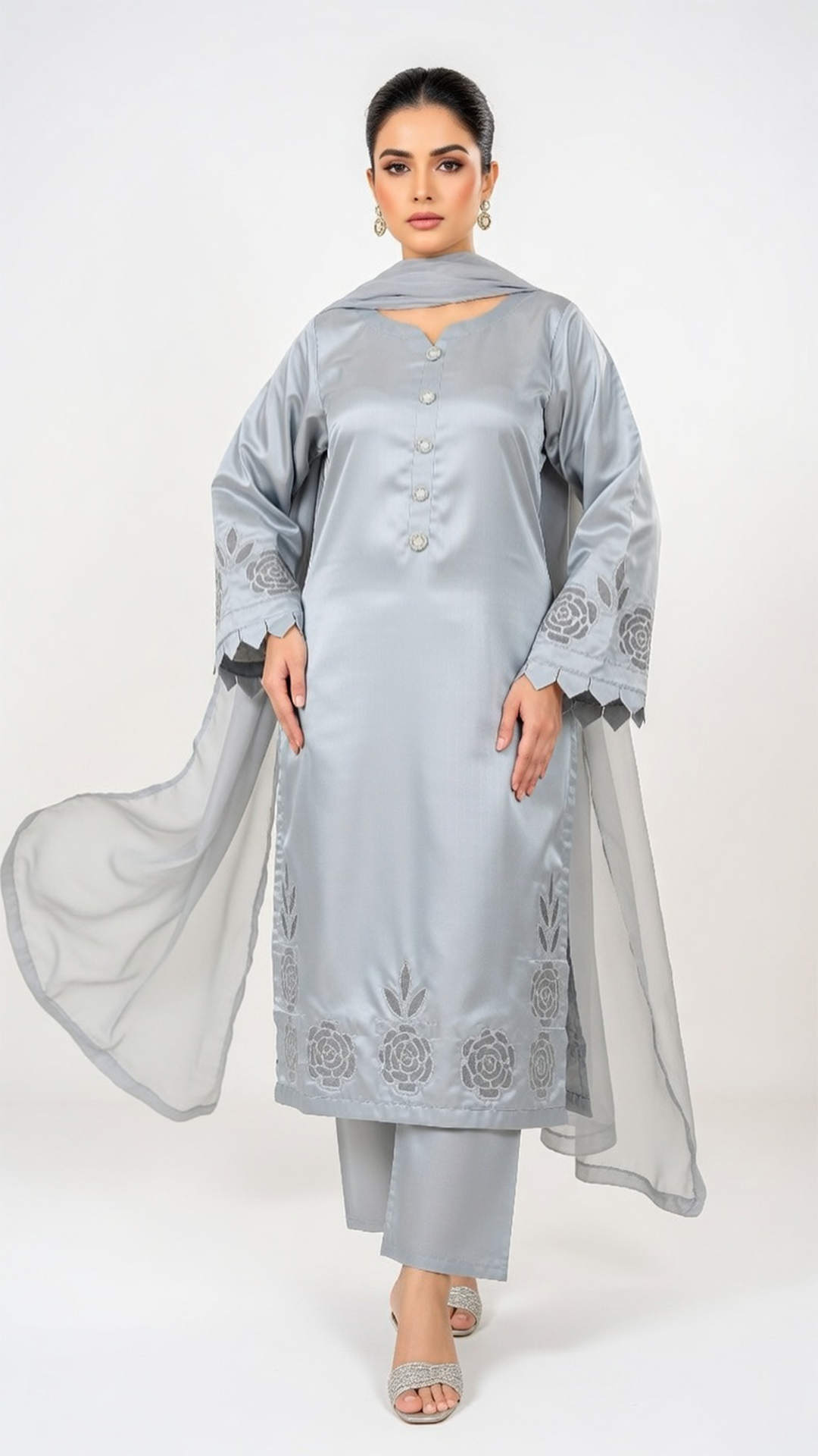 3- Piece Luxury Silk Suit with Handmade Cutwork Detail