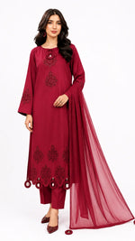 3-Piece Radish Maroon Embroidered Dress with Tassel Detailing on Daman