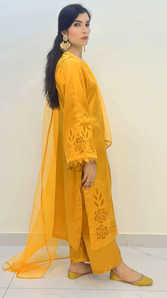 3- Piece Luxury Silk Suit with Handmade Cutwork Detail