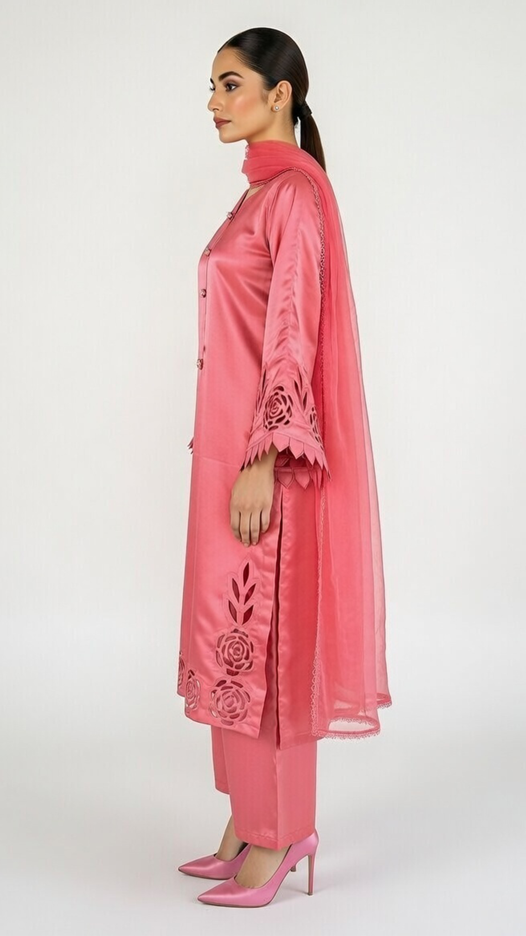3- Piece Luxury Silk Suit with Handmade Cutwork Detail