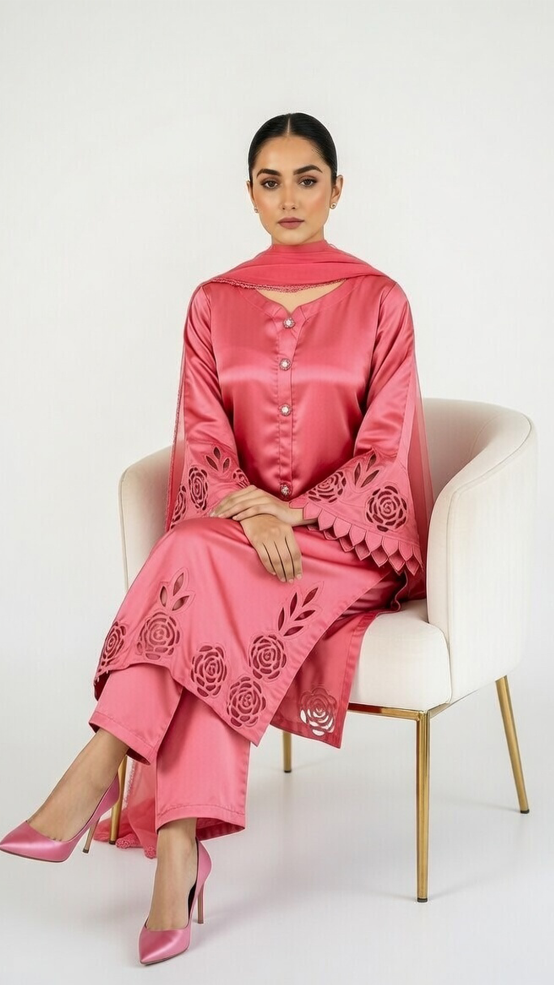 3- Piece Luxury Silk Suit with Handmade Cutwork Detail