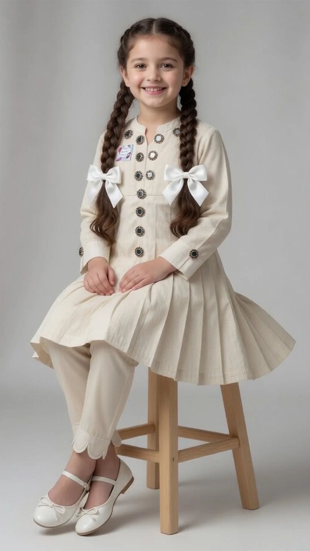 Elegant Beige Girls Pleated Frock with Trouser