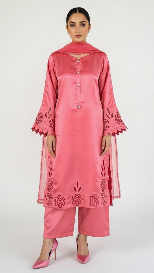 3- Piece Luxury Silk Suit with Handmade Cutwork Detail