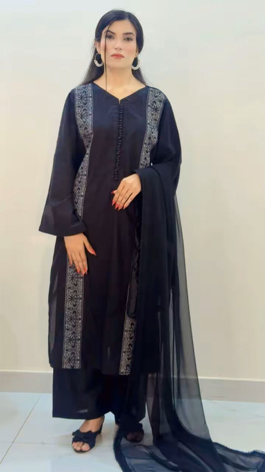 3-Piece Black Cotton Suit with Embroidered Panels