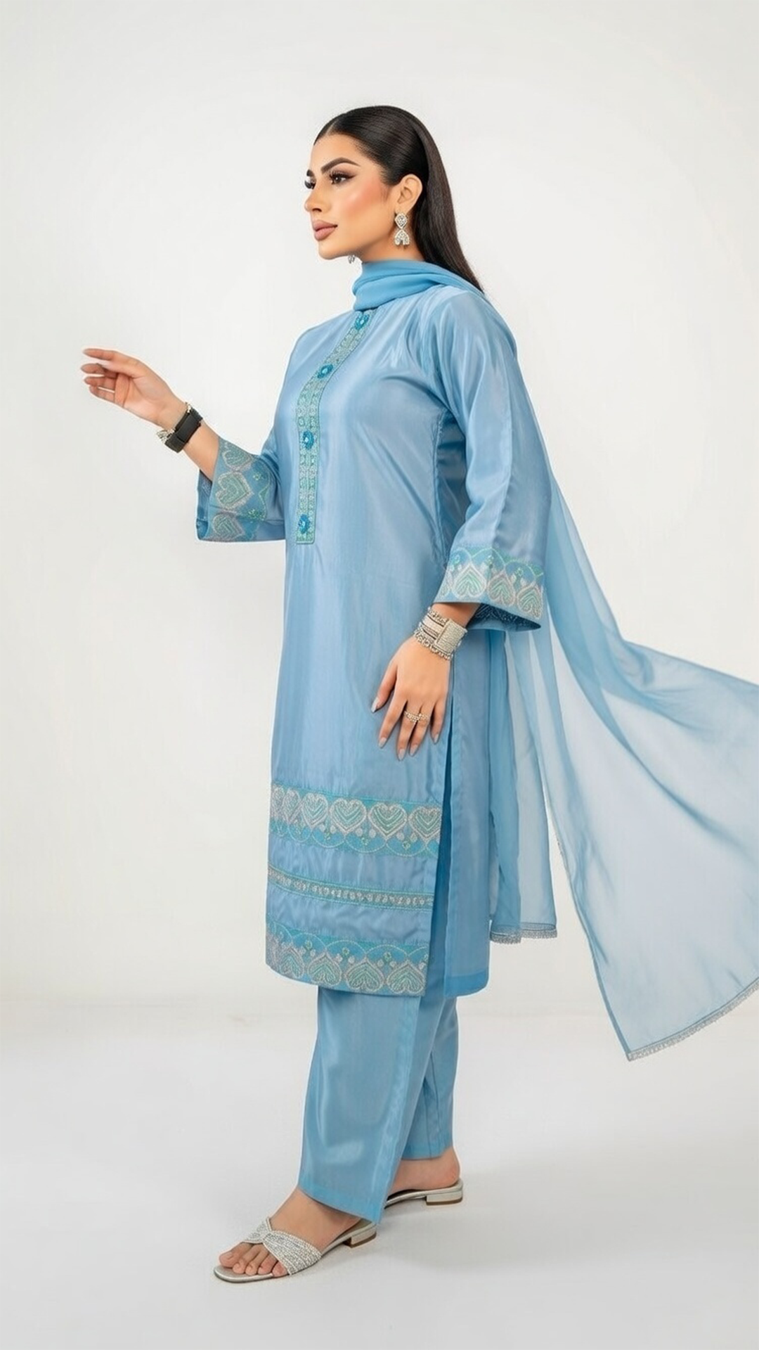 3-Piece Chamki Silk Suit with Embroidered detailes