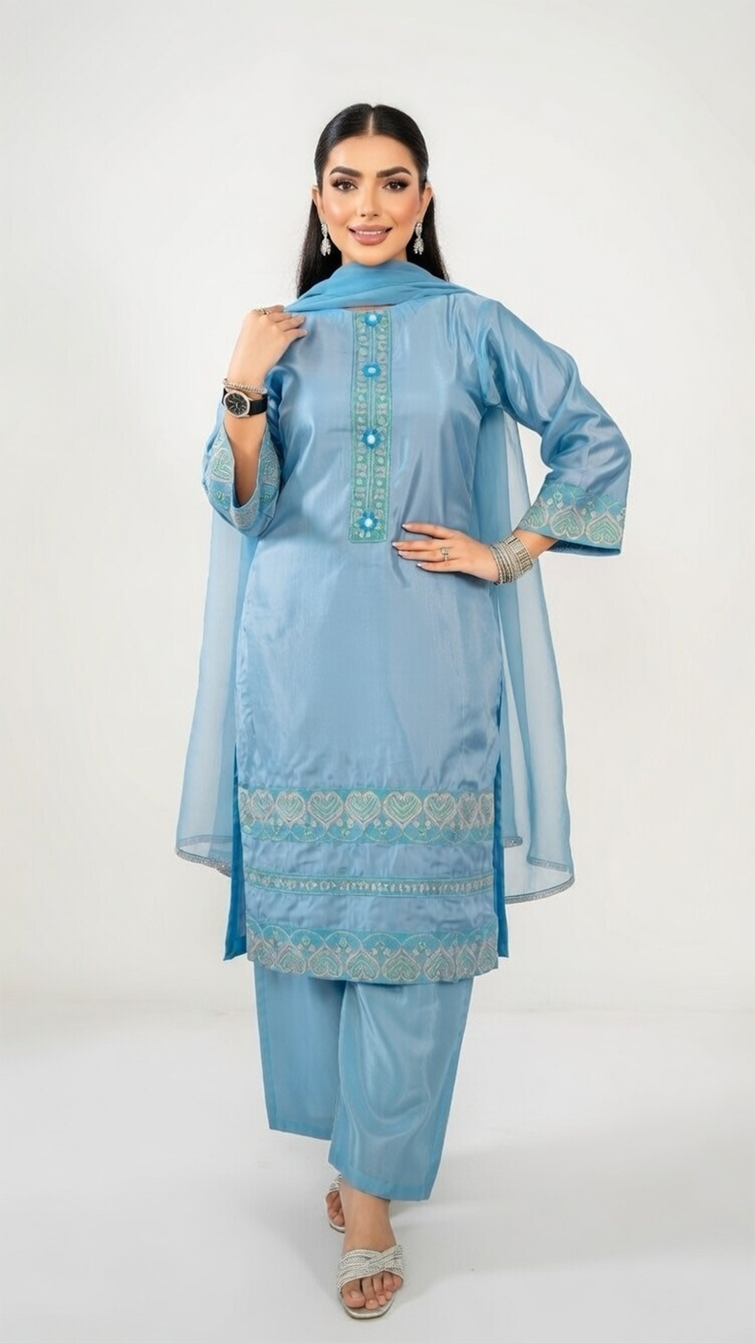 3-Piece Chamki Silk Suit with Embroidered detailes