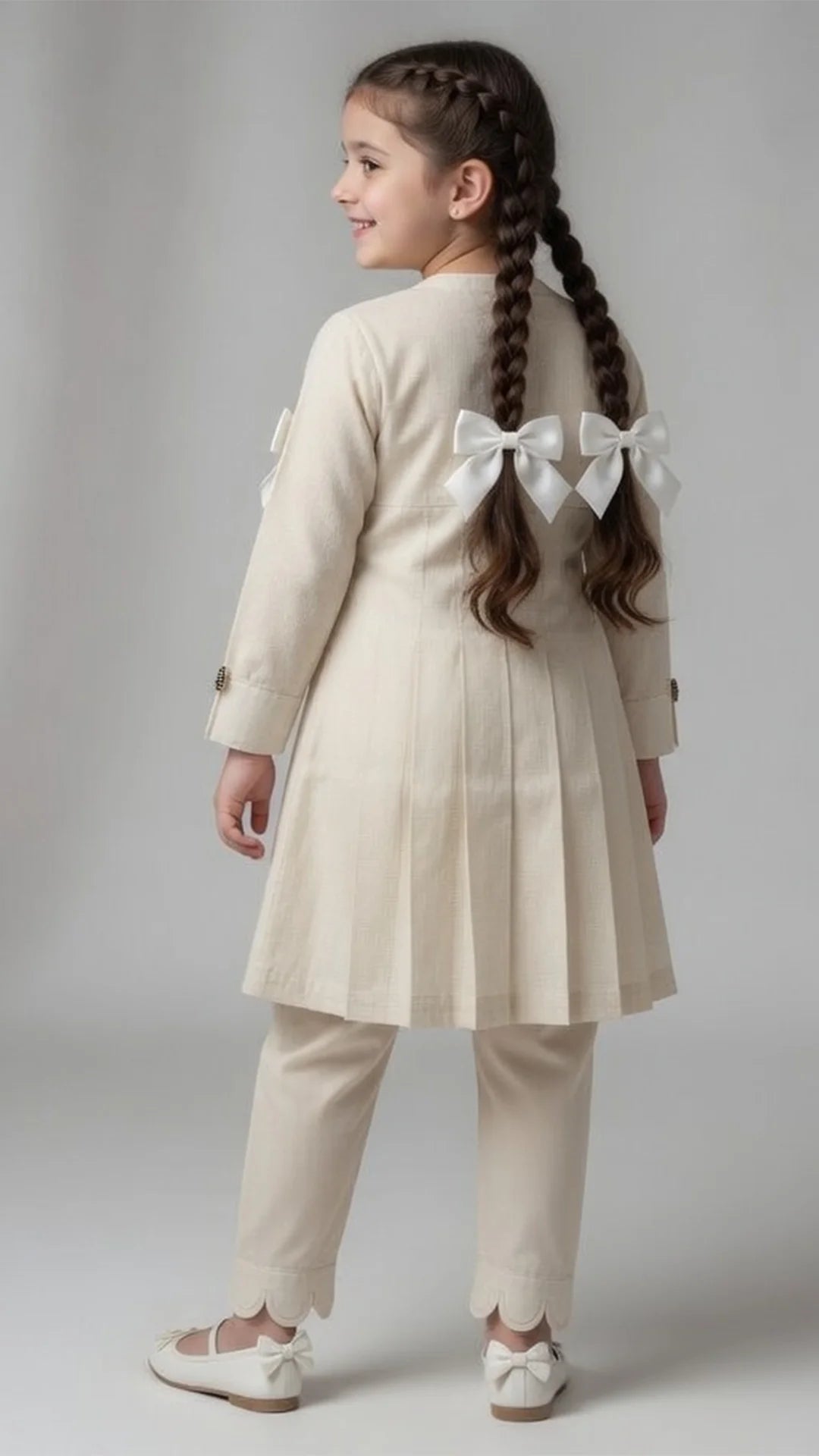 Elegant Beige Girls Pleated Frock with Trouser