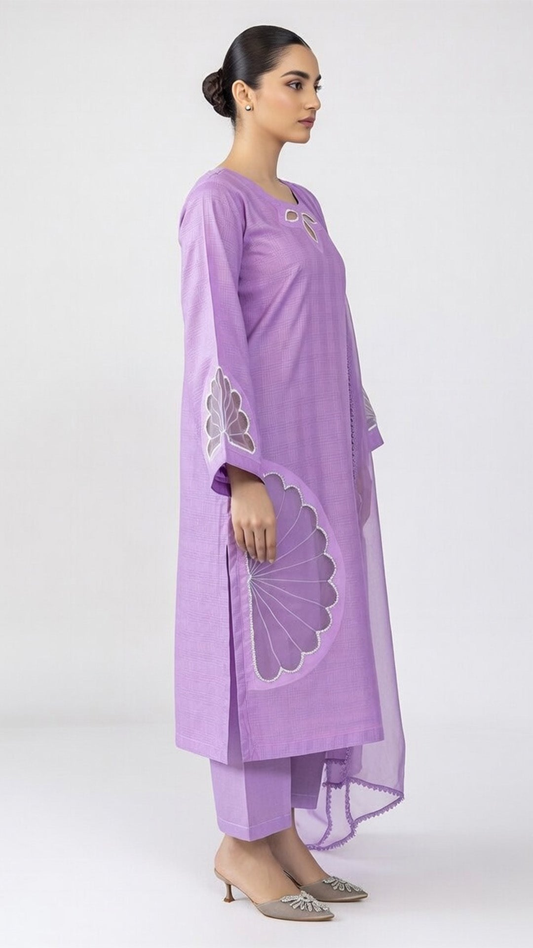 3-Piece Cotton Suit with Handmade Floral Cutwork