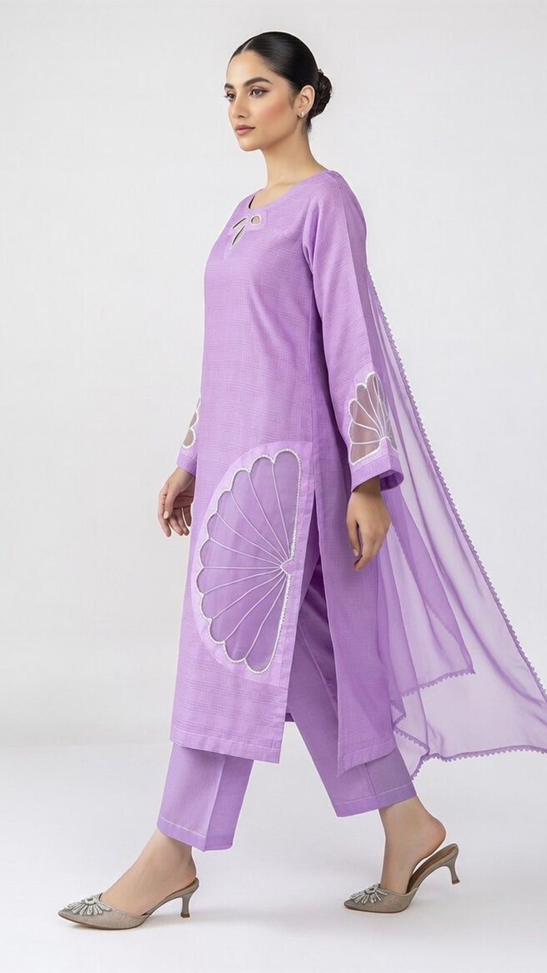 3-Piece Cotton Suit with Handmade Floral Cutwork