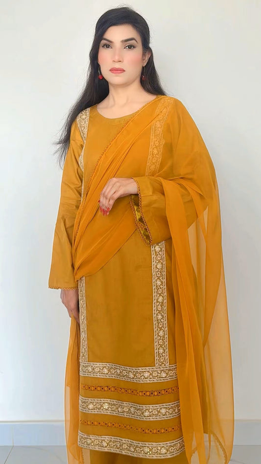 3-Piece Mustered Cotton Suit with Embroidered Panels